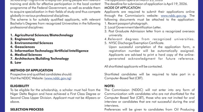 NIGER DELTA DEVELOPMENT COMMISSION 2026/2027 POSTGRADUATE SCHOLARSHIP TO STUDY ABROAD
